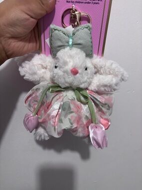 Piper K Plush Bunny Keychain in White and Pink with Floral Dress